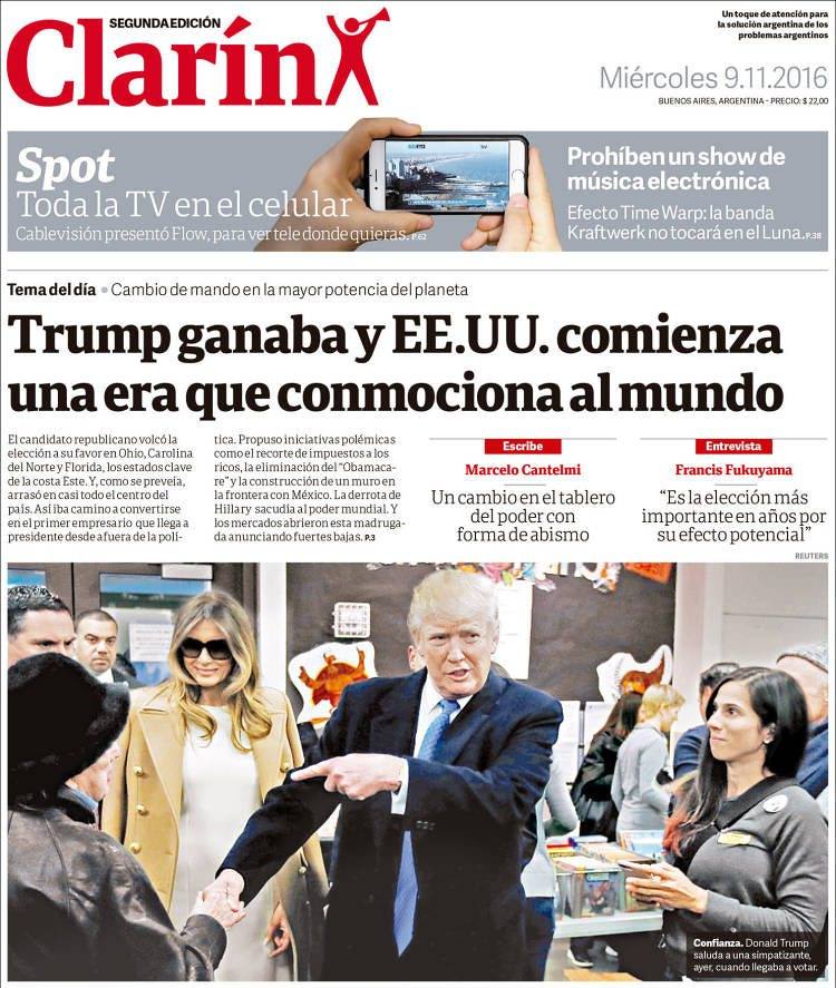 Clarín (Argentina). Los principales diarios de todo el mundo se hacen eco de la victoria del candidato republicano en las elecciones presidenciales de EE UU