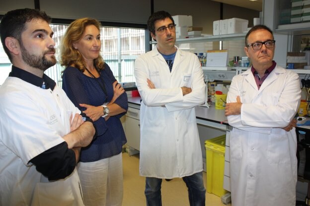 Rafael Peláez, María Martín, Ignacio Larráyoz y Alfredo Martínez, en uno de los laboratorios del Centro de Investigación Biomédica de La Rioja (CIBIR). :: gobierno de la rioja