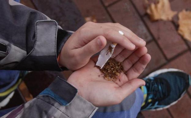 Un adolescente empieza a liar un porro. 