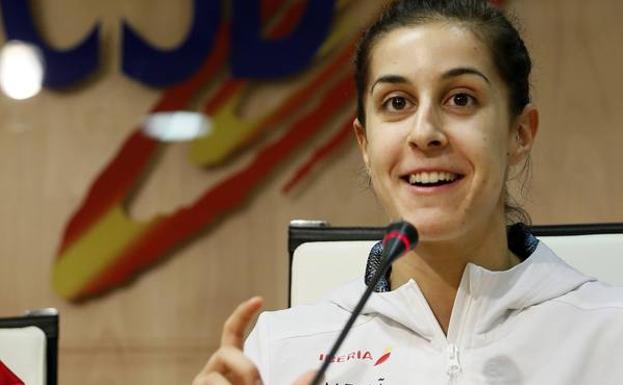 Carolina Marín, durante su comparecencia ante los medios.