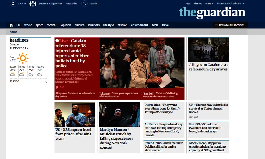 El británico The Guardian abre su web con un directo de la jornada y habla de los 38 heridos en los altercados con la policía.