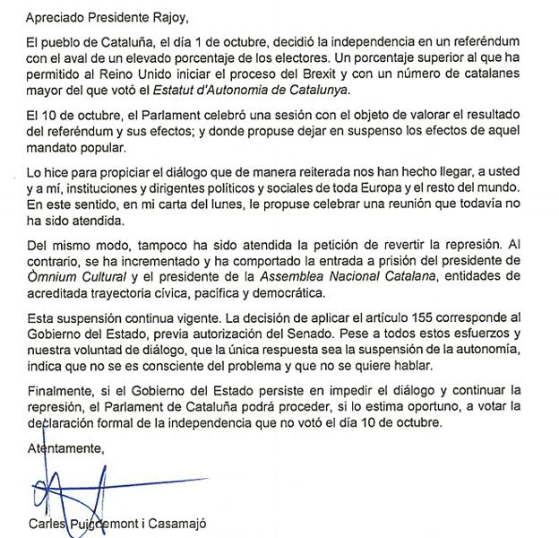 La carta que ha enviado esta mañana Puigdemont a Rajoy.