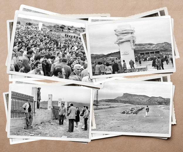 En obras. Trabajos para dotar al paraje de un vallado perimetral, en los que participaron las familias. :: Foto Teo (Archivo Casa de La Imagen) Fecha simbólica. Acto de inauguración del memorial de La Barranca el Primero de Mayo de 1979 y monumento de Alejandro Rubio Dalmati alusivo al horror vivido en la guerra. :: Foto Teo (Archivo Casa de La Imagen) Zona de cultivo. Las tres fosas en las que se enterraron a los asesinados se ubicaron en la Dehesa de Barrigüelo, en término de Lardero. Foto Teo (Archivo Casa de La Imagen)