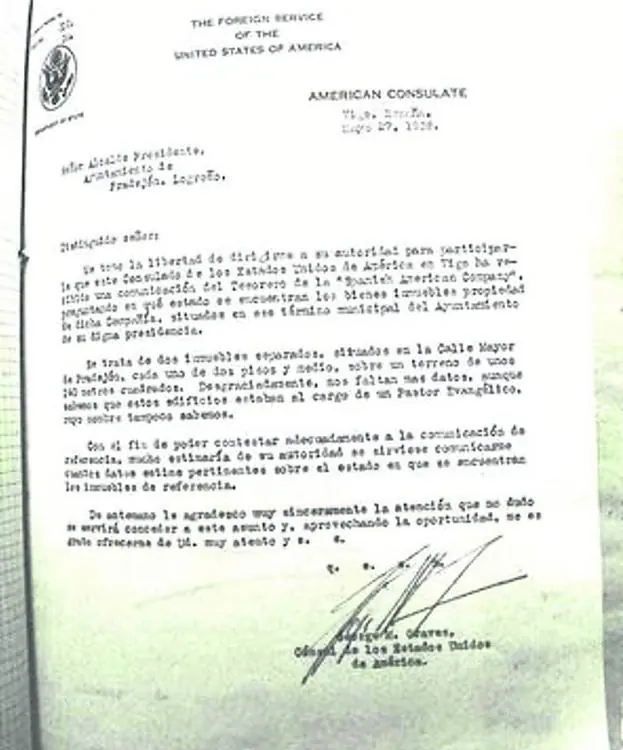 Abajo, el cónsul de Estados Unidos en España, George M. Graves, se dirige al alcalde de Pradejón en 1938 para interesarse por los bienes incautados a los protestantes. 