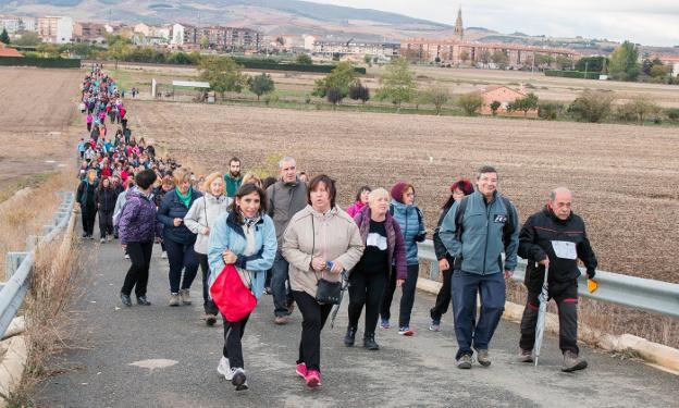 Caminantes cruzando el puente de la circunvalación, en dirección a Bañares. ::