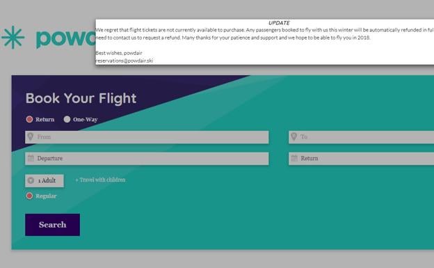 Aviso de la cancelación de ventas en la página web de Powdair.