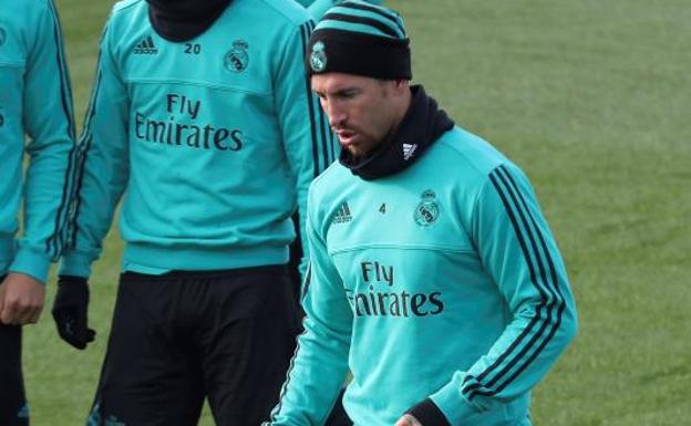 Sergio Ramos, entrenando en Valdebebas. 