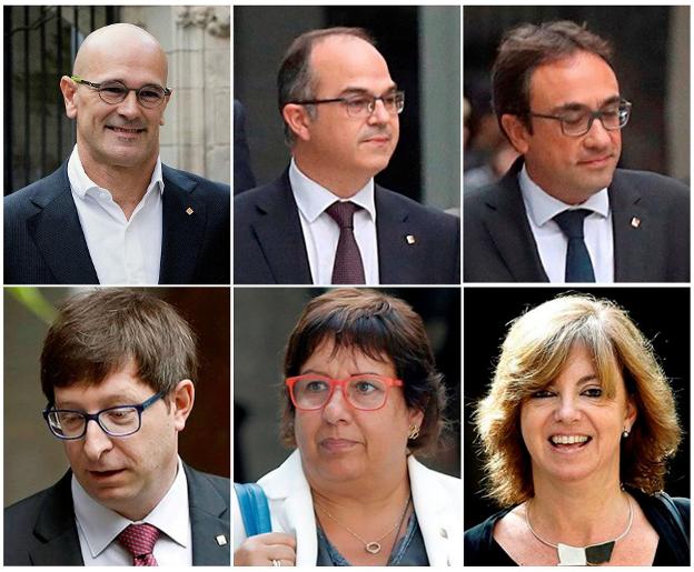 De arriba a abajo y de izquierda a derecha, Carme Forcadell, Artur Mas, Carles Mundó, Jordi Sánchez, Francec Homs y Meritxell Borrás. :: efe