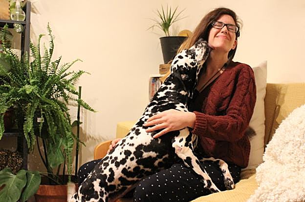 Dama, dálmata rescatada y recién operada, con su nueva dueña, Sara Ramírez. :: S.R.