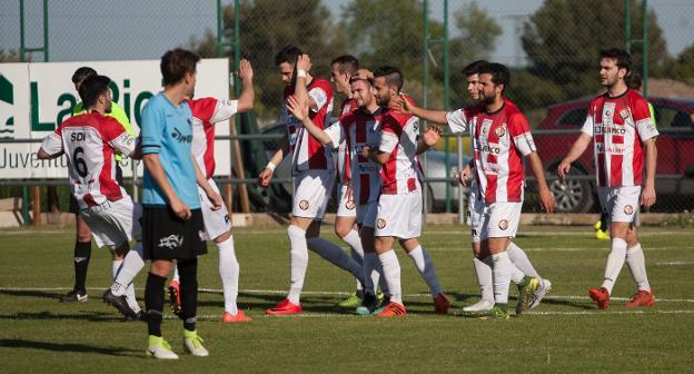 Los jugadores de la SD Logroñés celebran el tanto conseguido por Óscar Liébana. :: díaz uriel