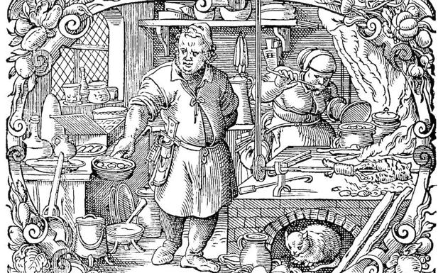Ilustración de cocina, portada del recetario alemán 'Ein new Kochbuch', 1581.