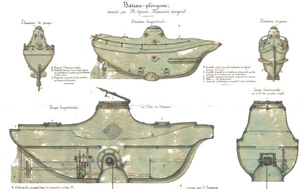 Planos del submarino que ideó y probó con éxito en 1860. 