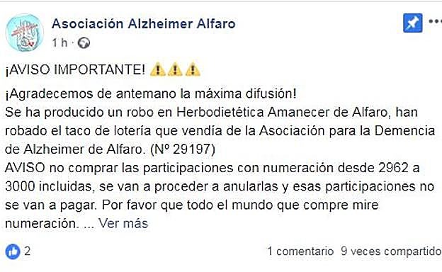 Roban un taco de Lotería de la Asociación del Alzhéimer de Alfaro