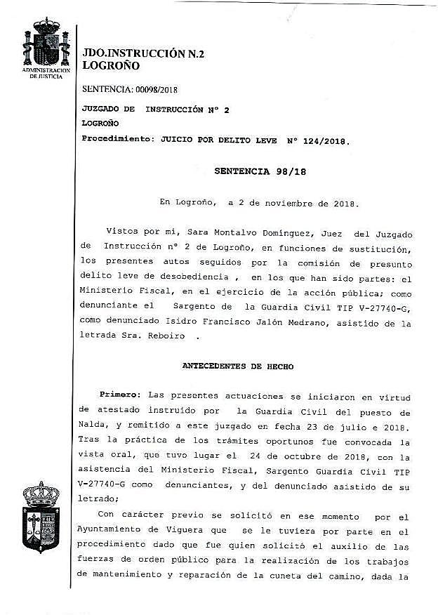 La Justicia absuelve al edil de Viguera Francisco Jalón de desobediencia a la autoridad