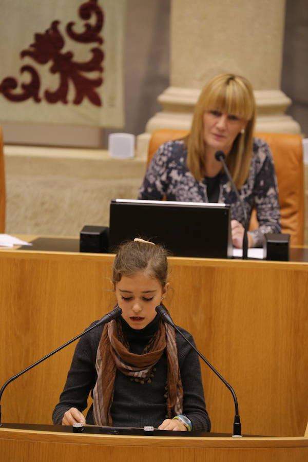 Un grupo de escolares de quinto de Primaria del Colegio Villapatro de Lardero han leído hoy, en el Parlamento de La Rioja, unos manifiestos, que previamente habían redactado junto a sus profesores, sobre cuatro derechos de la infancia en el acto del Día del Niño.