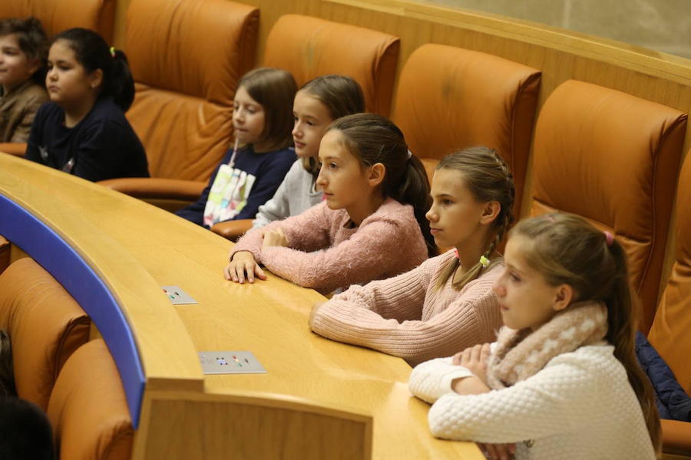 Un grupo de escolares de quinto de Primaria del Colegio Villapatro de Lardero han leído hoy, en el Parlamento de La Rioja, unos manifiestos, que previamente habían redactado junto a sus profesores, sobre cuatro derechos de la infancia en el acto del Día del Niño.