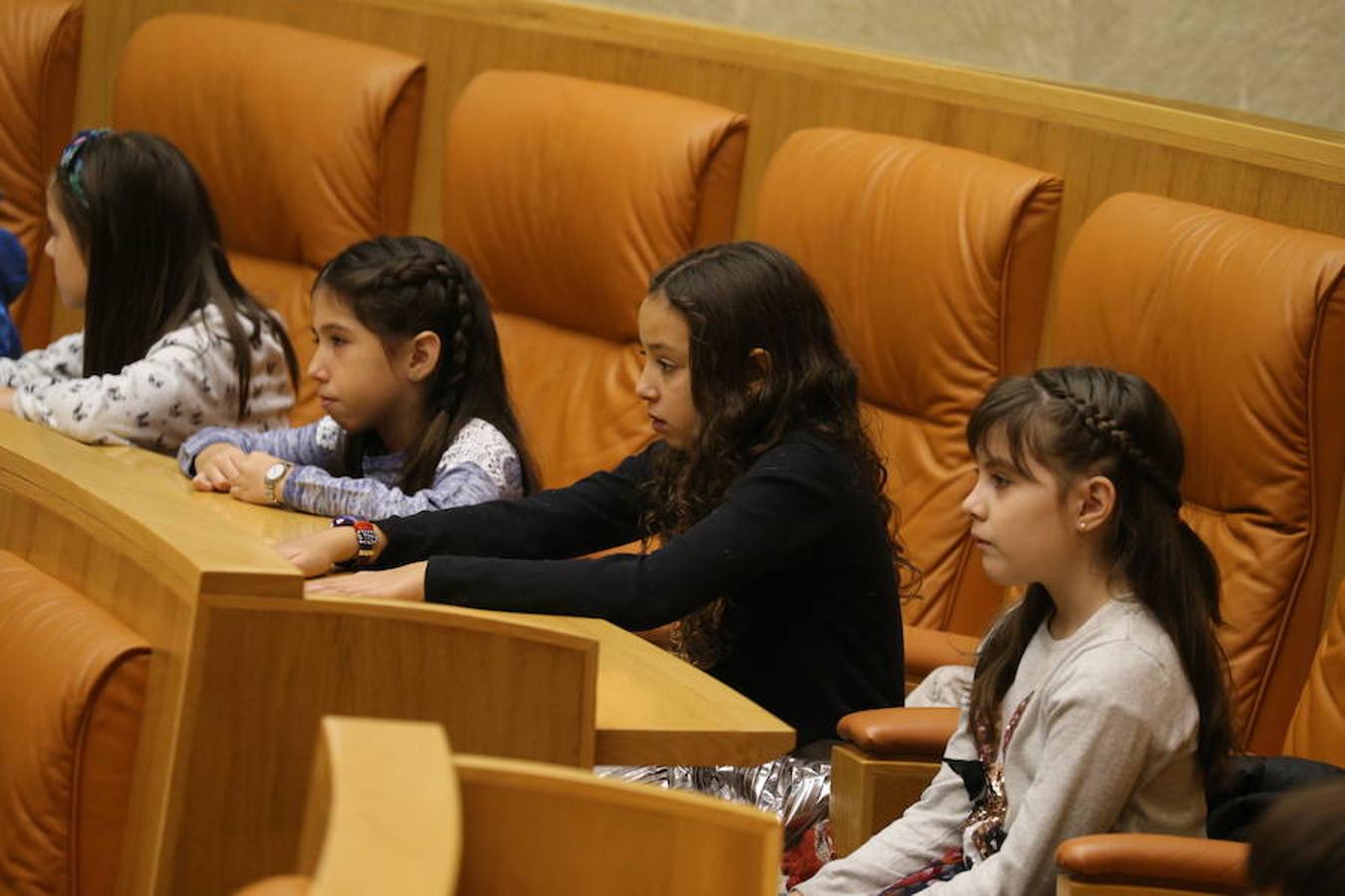 Un grupo de escolares de quinto de Primaria del Colegio Villapatro de Lardero han leído hoy, en el Parlamento de La Rioja, unos manifiestos, que previamente habían redactado junto a sus profesores, sobre cuatro derechos de la infancia en el acto del Día del Niño.