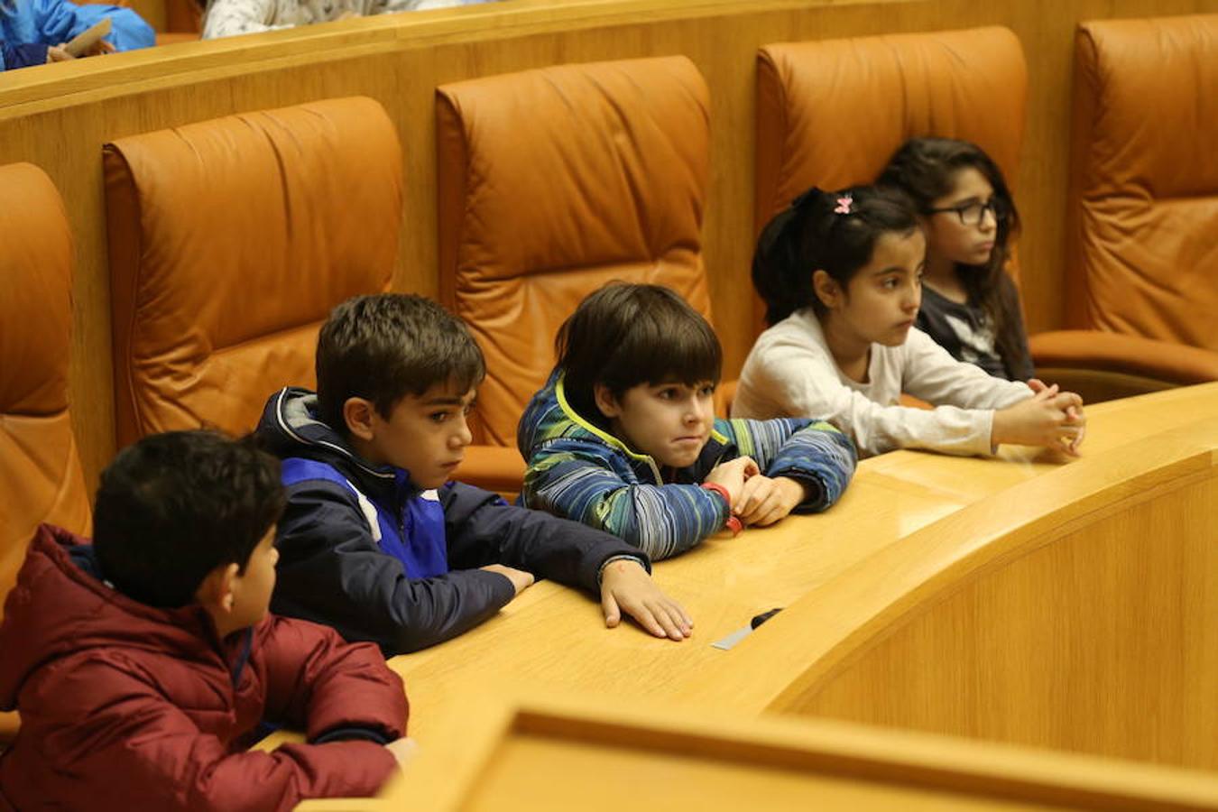 Un grupo de escolares de quinto de Primaria del Colegio Villapatro de Lardero han leído hoy, en el Parlamento de La Rioja, unos manifiestos, que previamente habían redactado junto a sus profesores, sobre cuatro derechos de la infancia en el acto del Día del Niño.