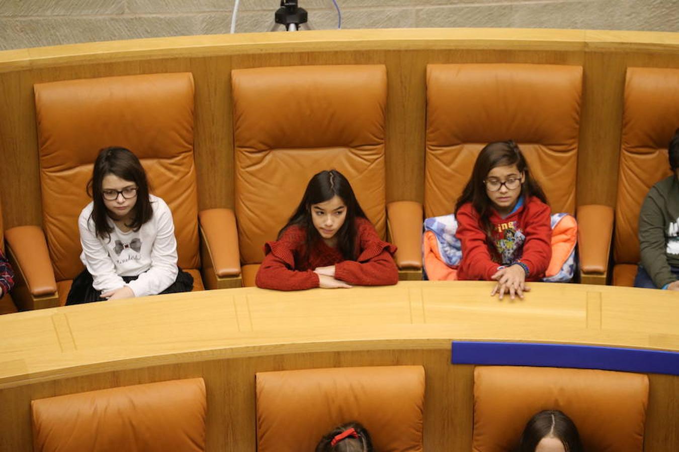 Un grupo de escolares de quinto de Primaria del Colegio Villapatro de Lardero han leído hoy, en el Parlamento de La Rioja, unos manifiestos, que previamente habían redactado junto a sus profesores, sobre cuatro derechos de la infancia en el acto del Día del Niño.