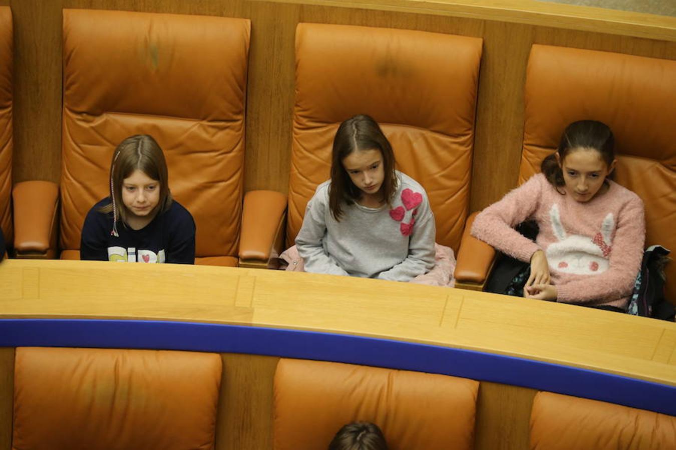 Un grupo de escolares de quinto de Primaria del Colegio Villapatro de Lardero han leído hoy, en el Parlamento de La Rioja, unos manifiestos, que previamente habían redactado junto a sus profesores, sobre cuatro derechos de la infancia en el acto del Día del Niño.