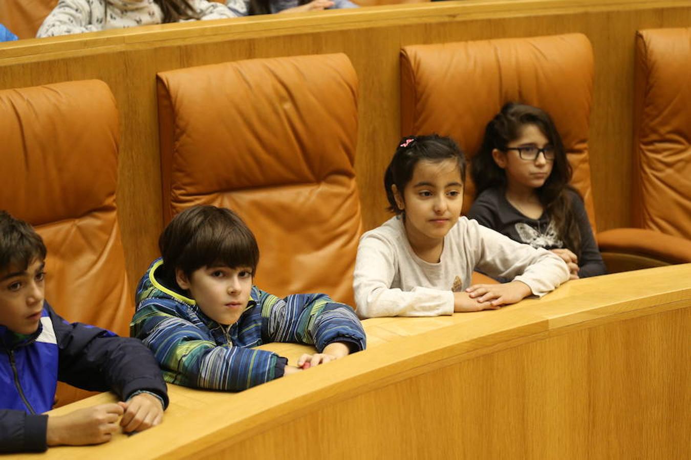 Un grupo de escolares de quinto de Primaria del Colegio Villapatro de Lardero han leído hoy, en el Parlamento de La Rioja, unos manifiestos, que previamente habían redactado junto a sus profesores, sobre cuatro derechos de la infancia en el acto del Día del Niño.