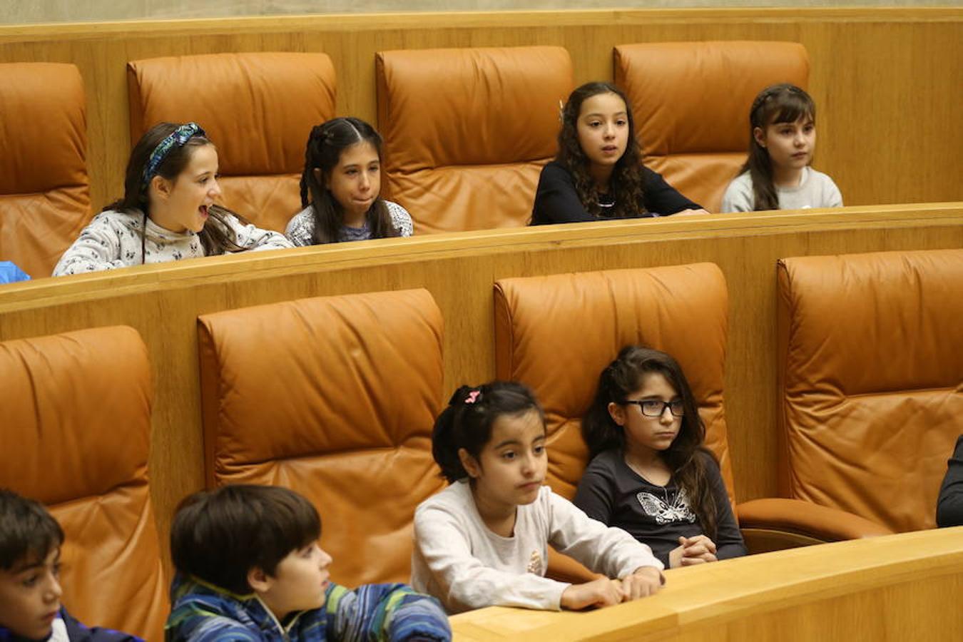 Un grupo de escolares de quinto de Primaria del Colegio Villapatro de Lardero han leído hoy, en el Parlamento de La Rioja, unos manifiestos, que previamente habían redactado junto a sus profesores, sobre cuatro derechos de la infancia en el acto del Día del Niño.