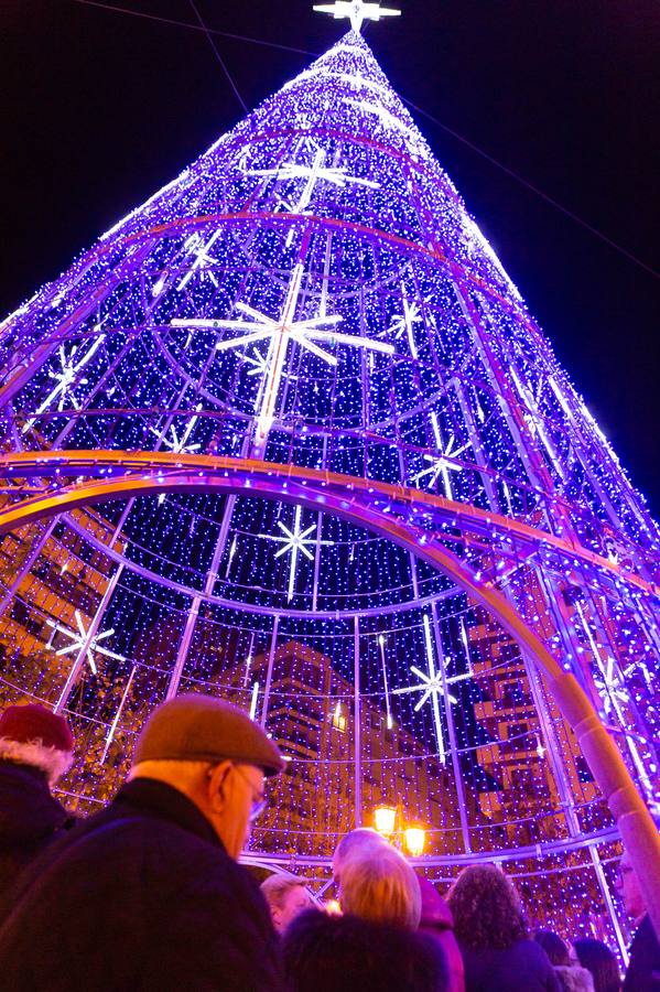 Esta tarde se ha encendido el árbol cónico, que tiene una altura de 20 metros más la estrella y de cinco metros de diámetro, en el paseo de El Espolón logroñés