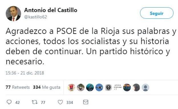 Antonio del Castillo agradece al PSOE riojano la expulsión de Izco