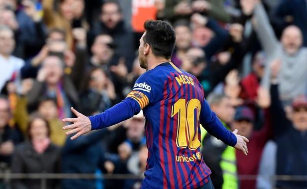 Messi, celebrando el primer tanto en el partido contra el Espanyol. 