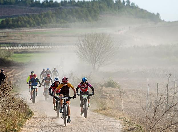 Tierra. Los ciclistas se aproximan al camino de los Judíos de Entrena levantando polvo.