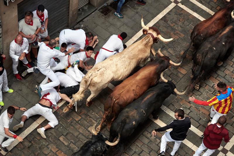 Fotos: Segundo encierro de San Fermín muy veloz y limpio de los toros de Cebada Gago