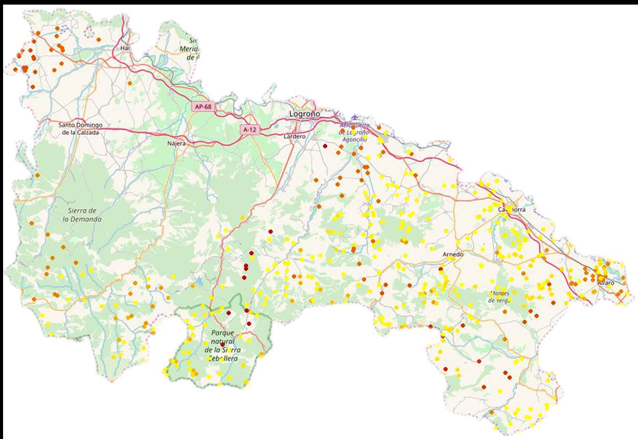 Mapa donde se localizan los rayos registrados en La Rioja