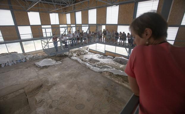Decenas de personas contemplan el mosaico de la Villa Romana de Noheda.