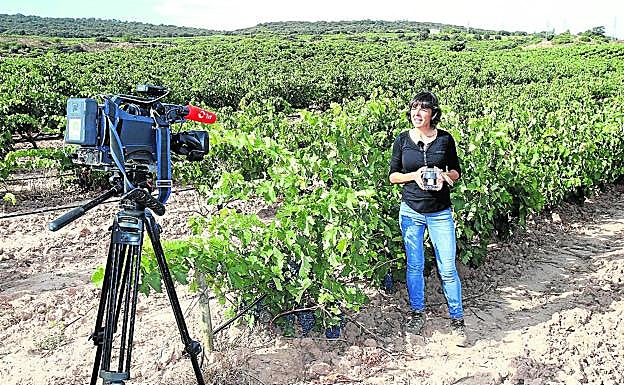 Alejandra explica su trabajo, ante las cámaras de TVR, en la finca de La Grajera.