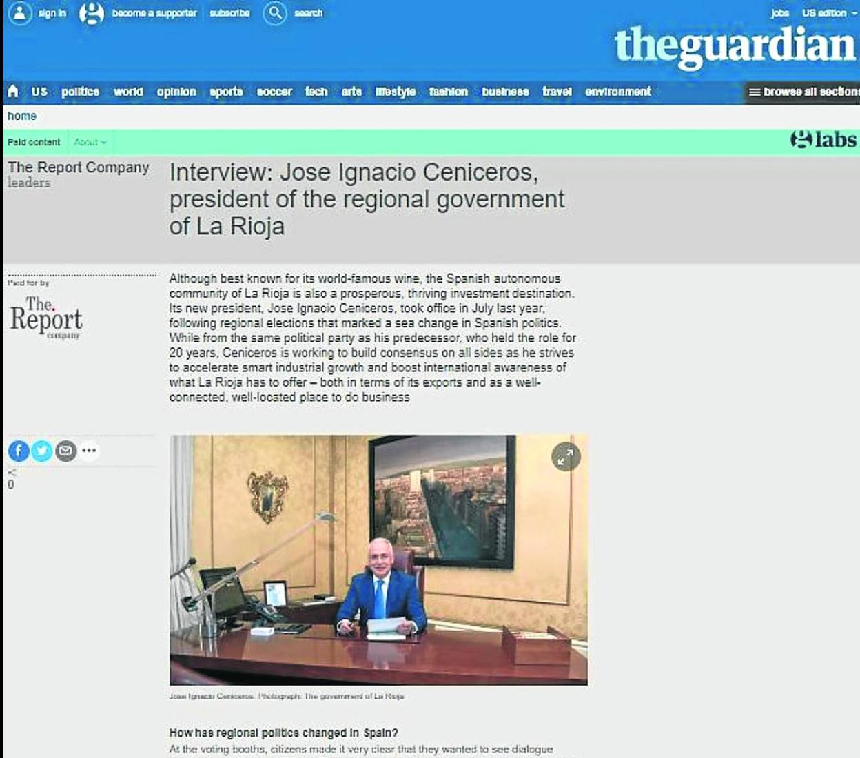 Imagen de la web de The Guardian con la entrevista a José Ignacio Ceniceros.