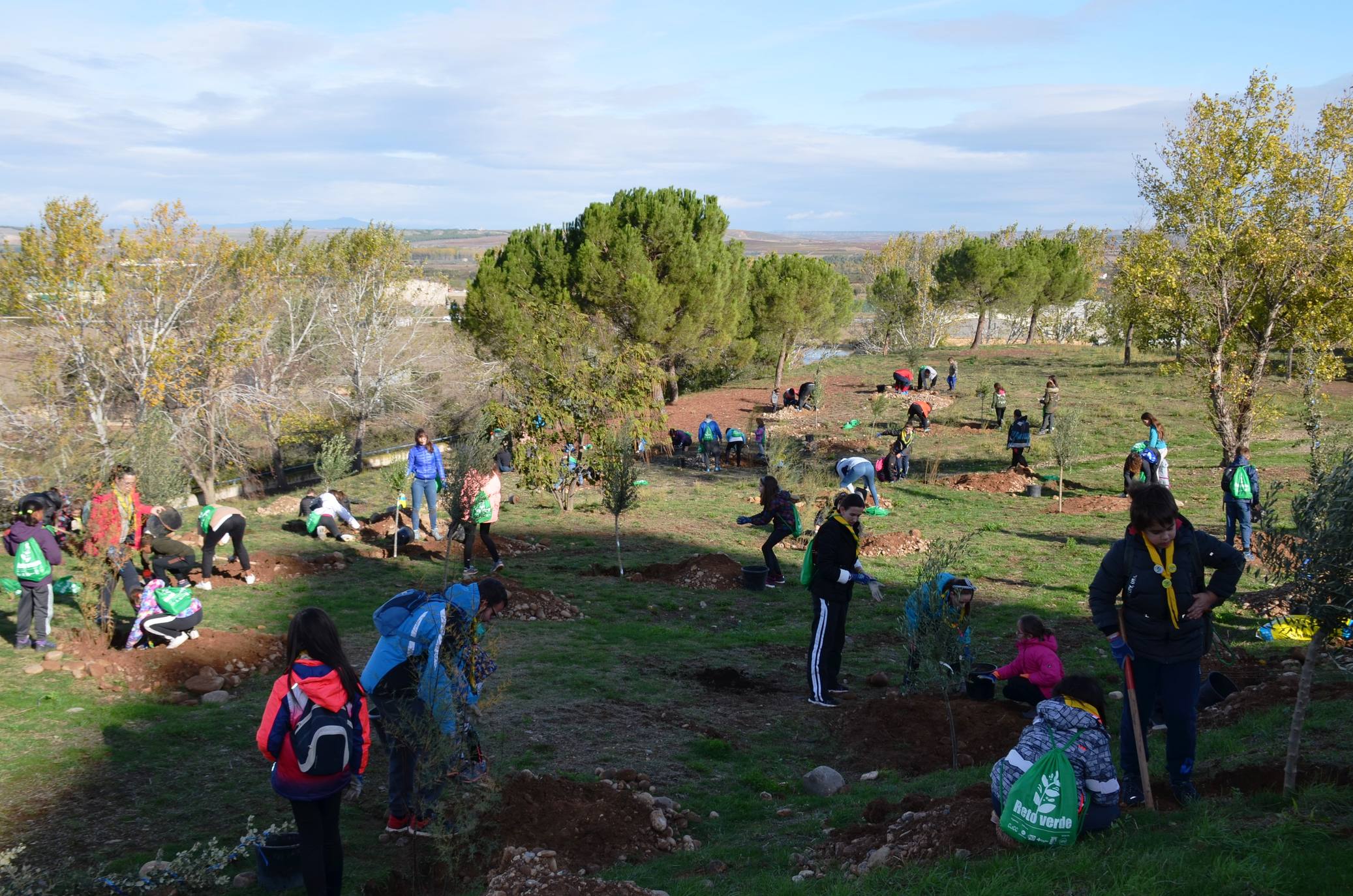 Numerosos grupos de amigos y familias plantaron los árboles en una ladera de la carretera de Murillo