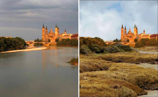 El Ebro a su paso por Zaragoza, en contraste con su versión sin actuar contra el cambio climático