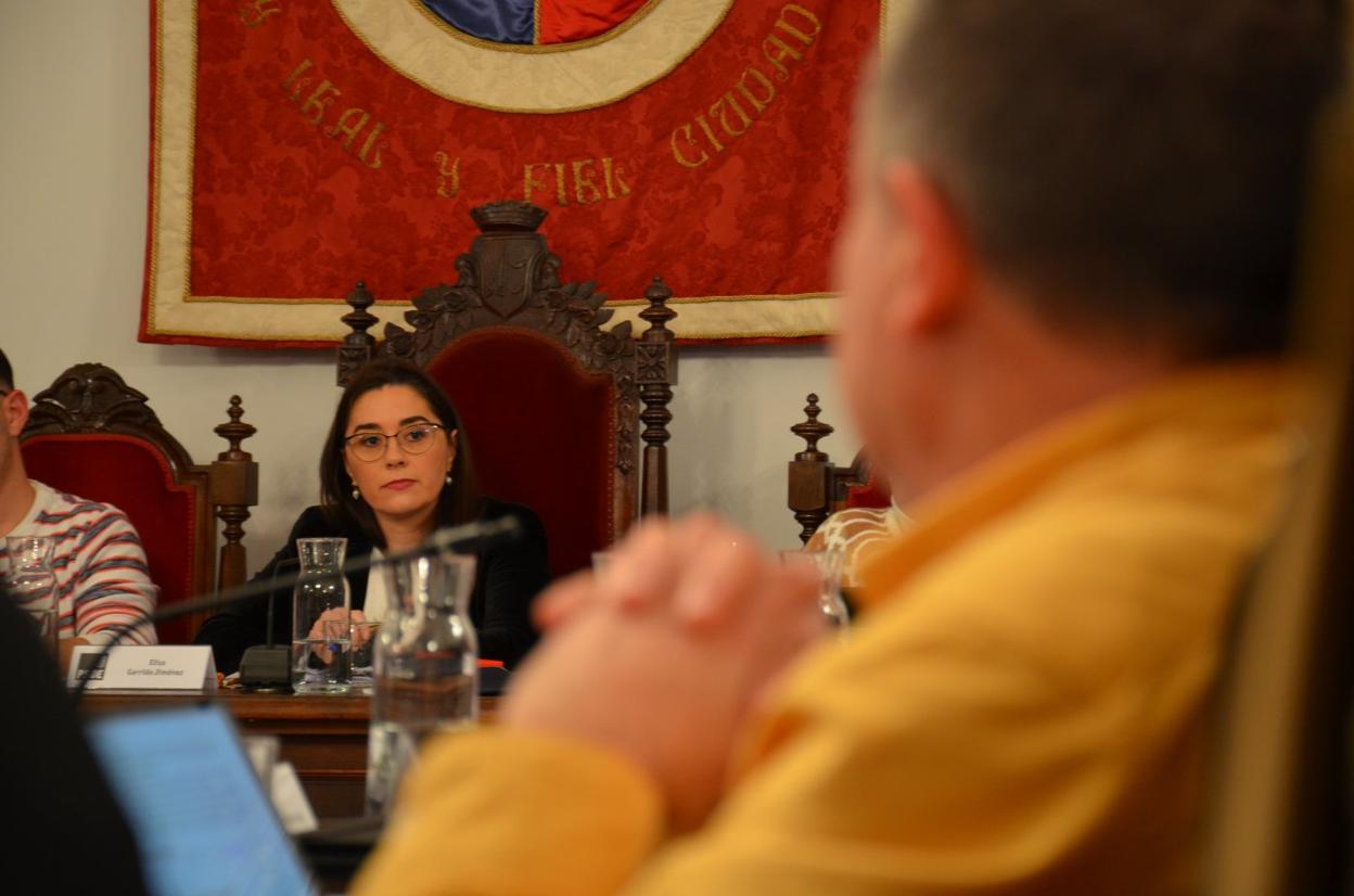 La alcaldesa, Elisa Garrido, atiende a las explicaciones del portavoz de Izquierda Unida, Óscar Moreno, en un pleno . :: i.á.