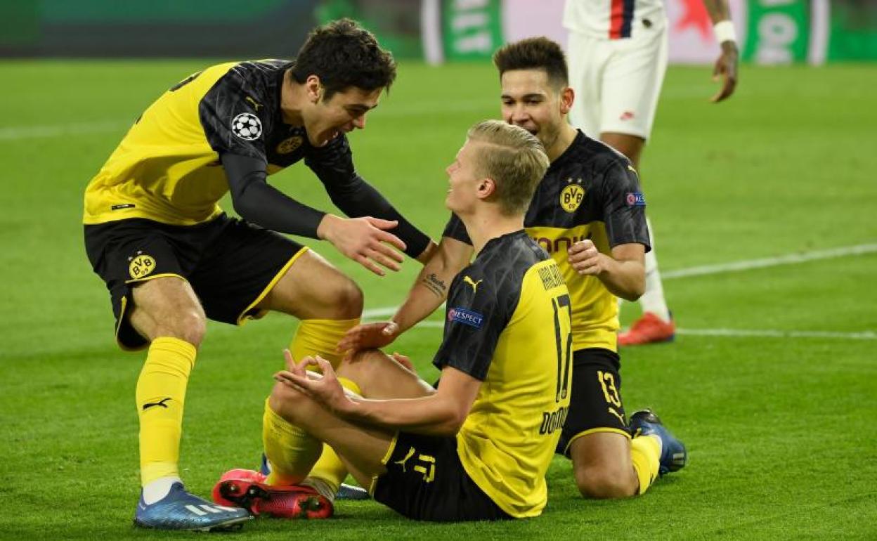 Erling Braut Haaland celebra el primero de sus dos goles al PSG.