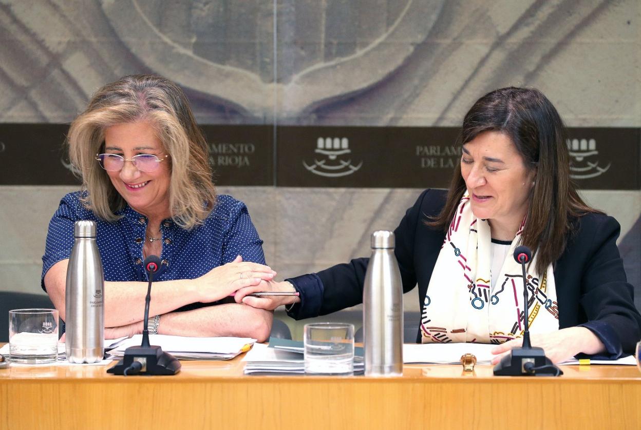 La consejera de Salud, Sara Alba, saluda a Pilar Rabasa (Cs) durante su intervención ayer en sede parlamentaria. 