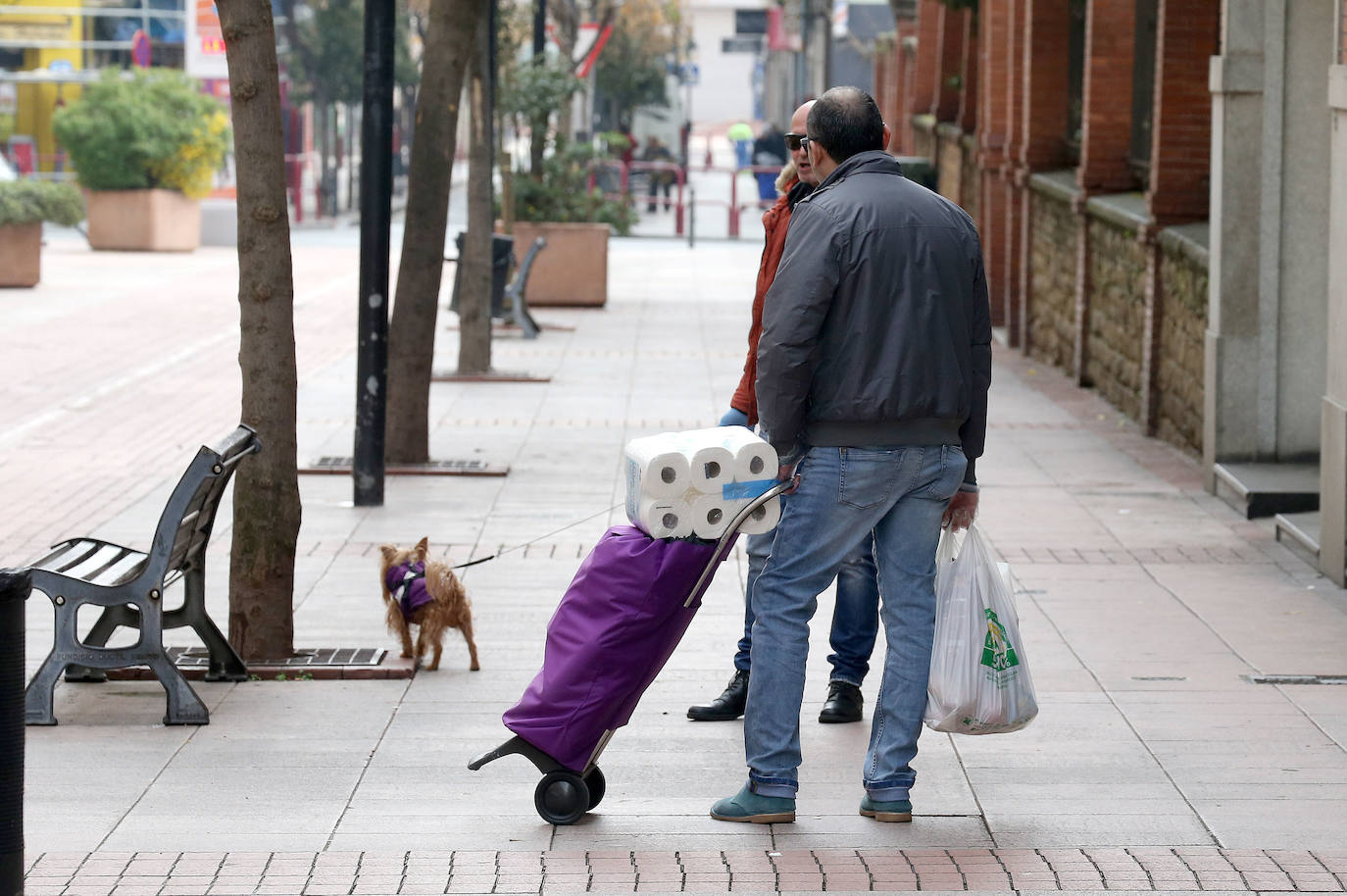 Poca gente por las calles de Logroño y la mayoría de ellas con mascarilla realizando las tareas imprescindibles: compra, trabajo y paseo de perros.