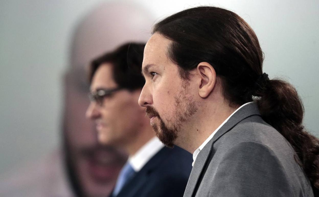 El vicepresidente del Gobierno, Pablo Iglesias, este jueves durante su comparecencia en la Moncloa.