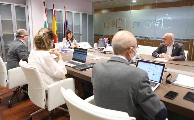 La consejera Sara Alba, con sus colaboradores más cercanos, durante la sesión telemática en el Parlamento. 