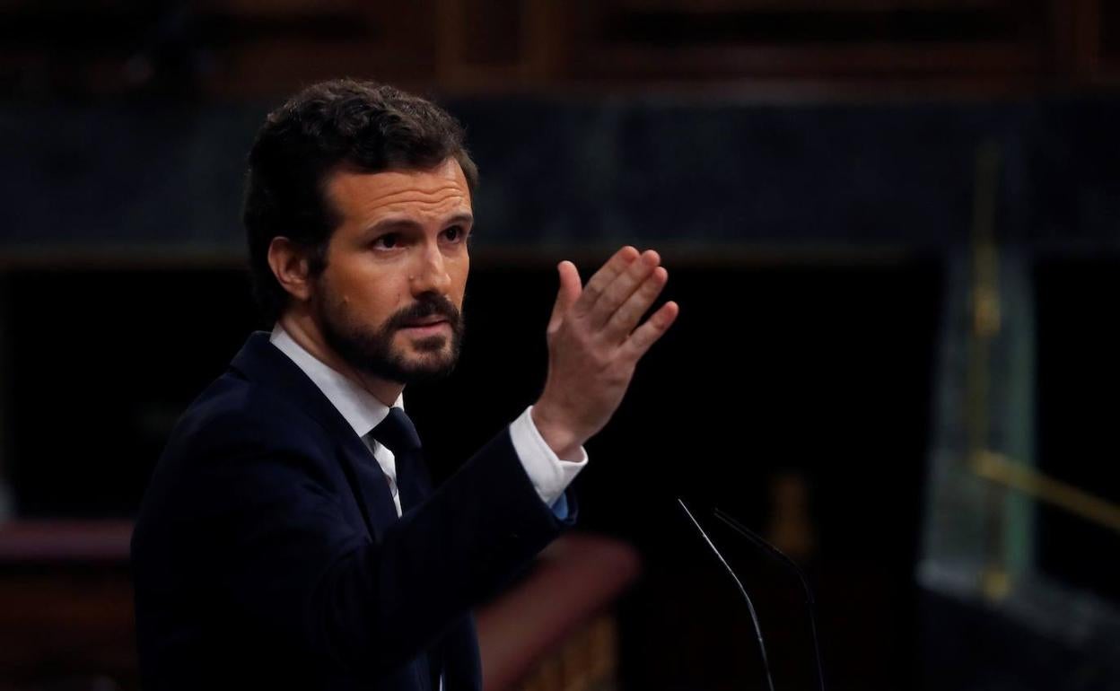 El presidente del PP, Pablo Casado, durante su última intervención en el pleno del Congreso de los Diputados.