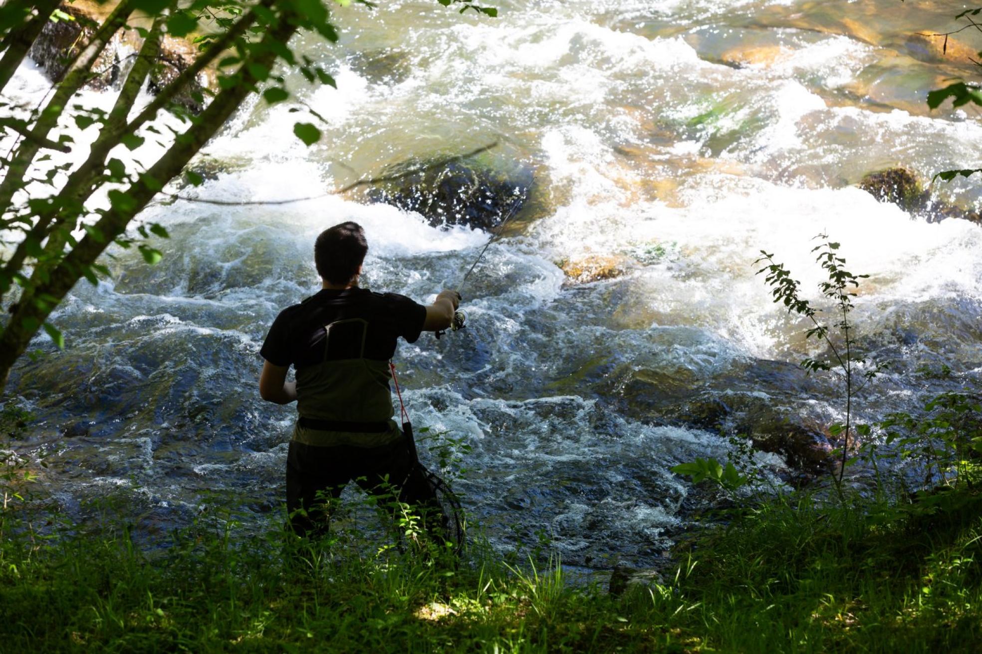 Un pescador echa la caña en el río Iregua. 