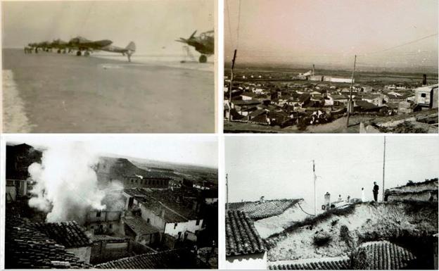 Arriba, formación aérea de la Luftwaffe en el Estarijo. A la derecha, con chimenea, la azucarera donde se almacenaban bombas. Abajo, humo del avión caído, al fondo lo que podría ser la parte superior del palacio Remírez. A la derecha, un militar y los tejados próximos al percance. 