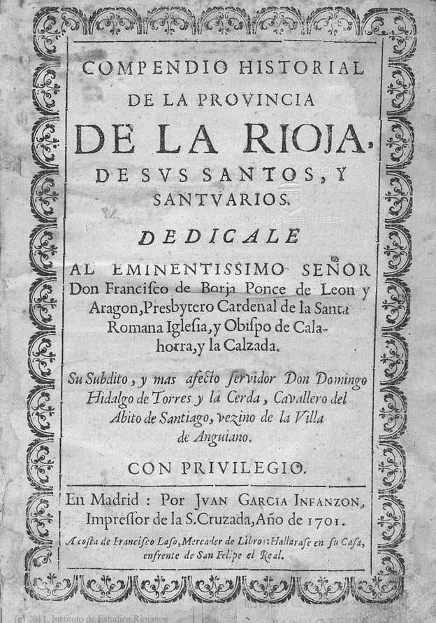 Compendio. Portada de la magna obra histórica escrita por el padre Mateo de Anguiano Nieva, fraile del monasterio riojano de Valvanera. 