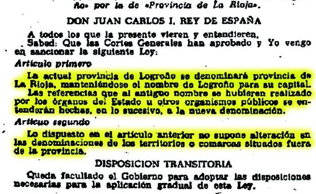 Boletín Oficial de Estado de 22 de noviembre de 1980, que publicó la ley por la que la provincia de Logroño pasó a denominarse provincia de La Rioja. 