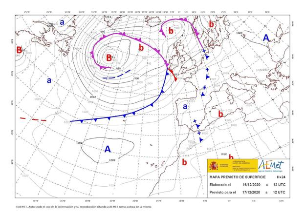 Uno de los mapas de predicción meteorológica de la Agencia Estatal de Meteorología para el 17 de diciembre de 2020.