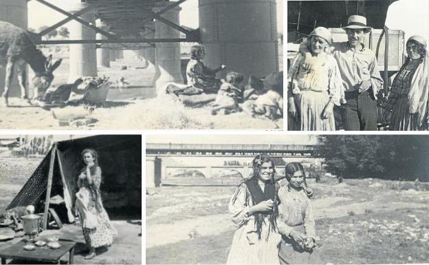 Una familia de zíngaros, con varios niños pequeños, acampada bajo el Puente de Hierro; posando junto a la carreta; en la tienda de acampada y dos niñas en la zona de los puentes. 